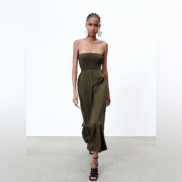 Zara | Dresses | Zara Khaki Linen Blend Smocked Strapless Dress | Poshmark
